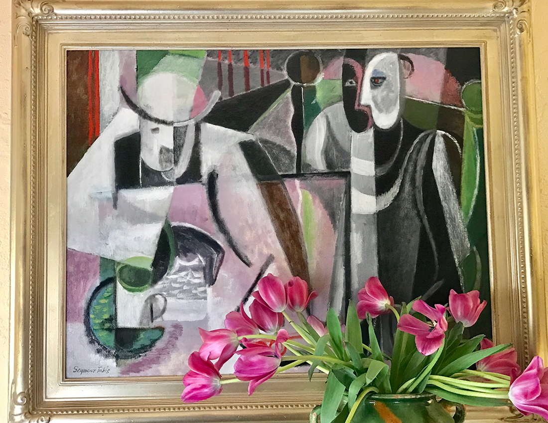 Pink tulips with slender green leaves mimic the shapes and palette of Seymour Tubis' 'Two Men Sitting at a Table'.
