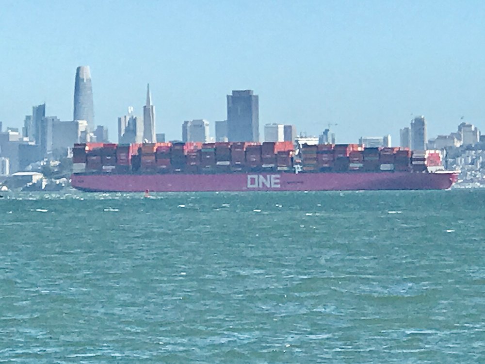 ONE freighter packed high with cargo containers.