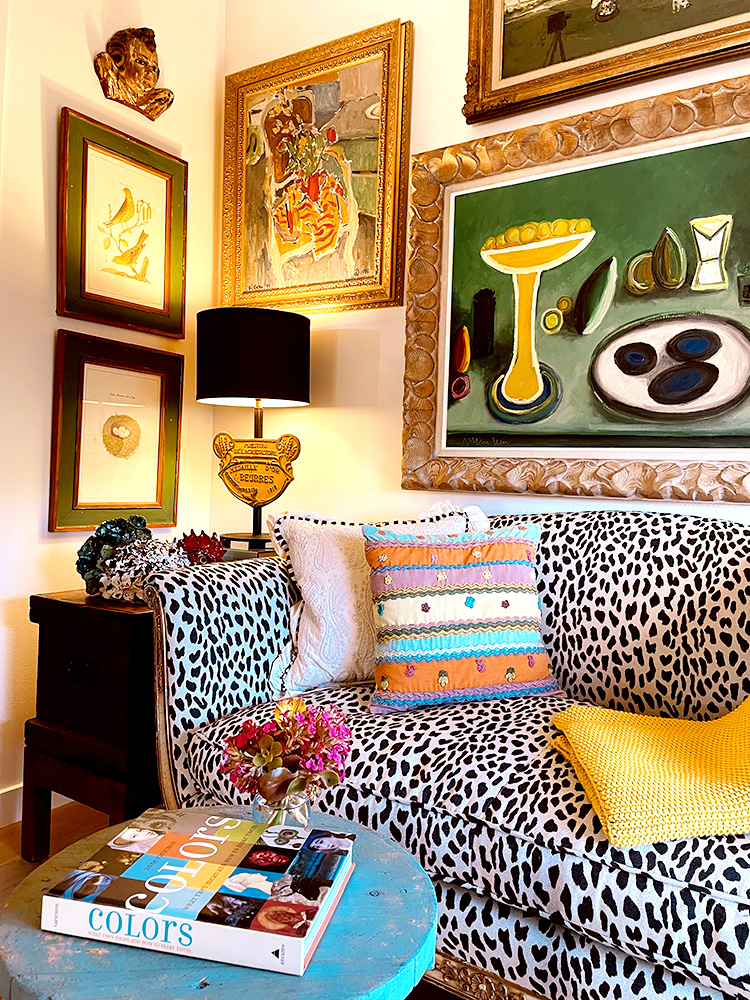 The antique leopard print settee was the perfect size for the alcove.